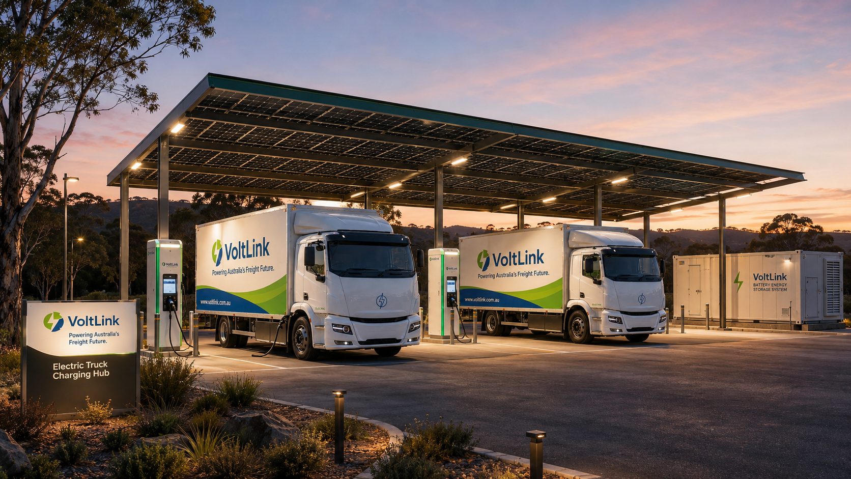 Concept render of the VoltLink charging hub: solar canopy, battery storage and electric trucks charging at dusk