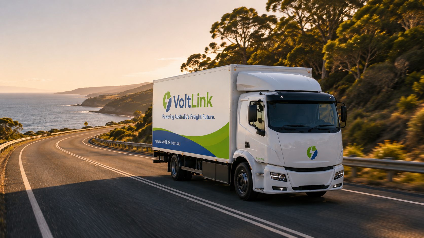 VoltLink electric truck on the Pacific Highway coastal corridor at golden hour