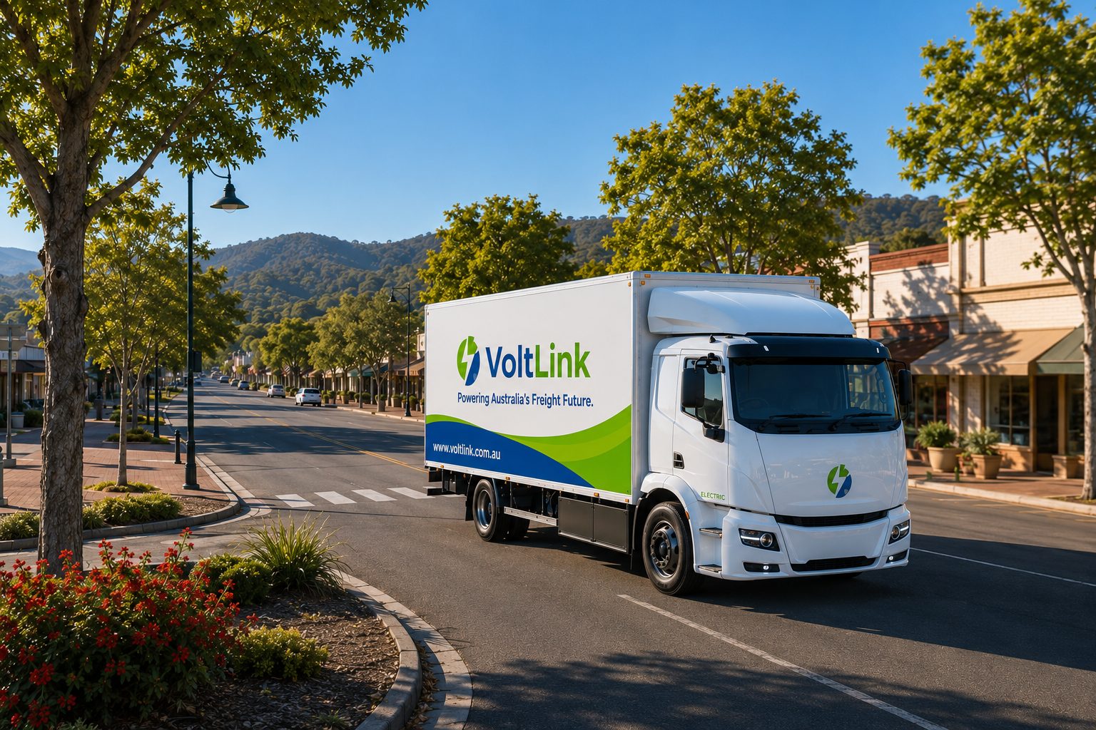 A clean, quiet electric truck passing through a regional Australian main street